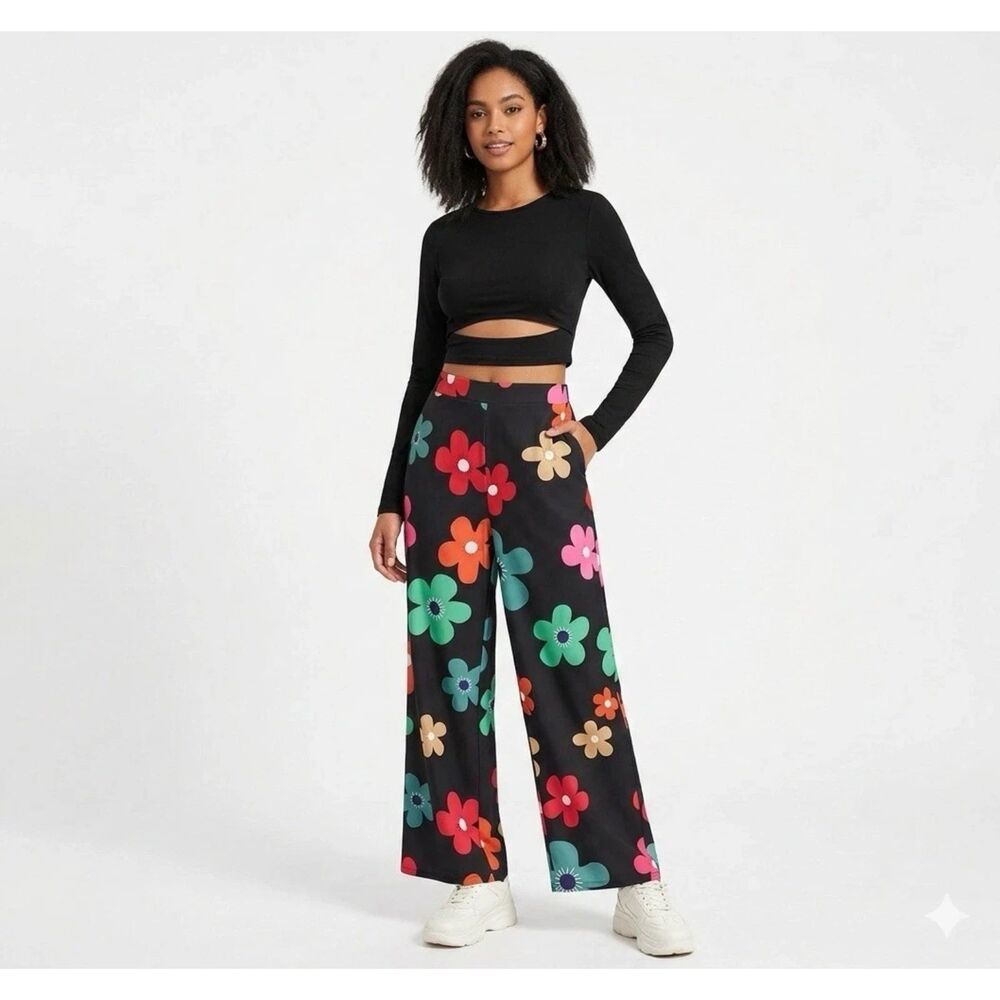 Shein Shabby Chic Womens XL Wide Leg Pants And Black Knit Top Floral Festival